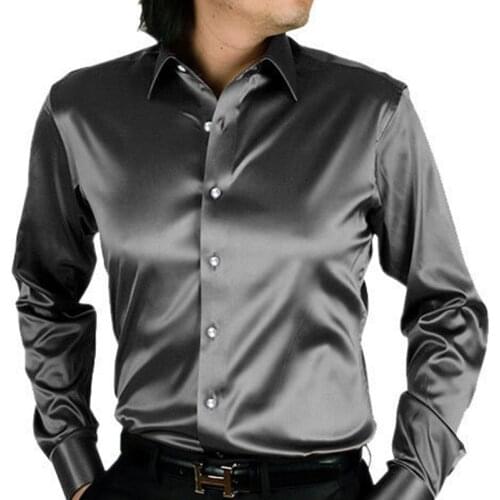 Men Shirts Casual Male Shirt Solid Color Fashion Gold Silk Long Sleeve Shirt Wedding Dress Singer Dancer Show Formal Shirts