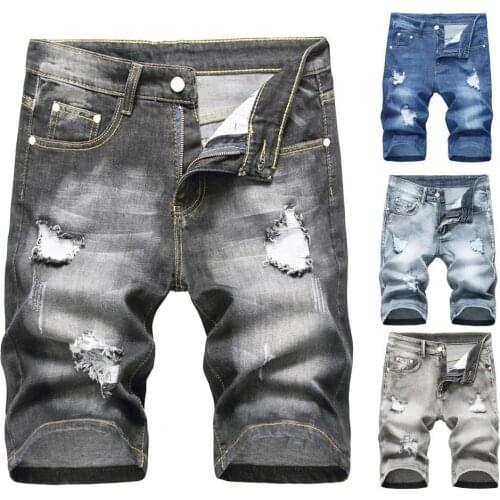 2021 Jeans Shorts Male Blue Casual Jeans Ripped Holes Men Shorts Fashion Multi Pockets Mid Waist Straight Men Denim Short Pants