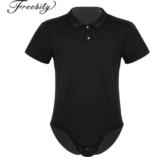Men Turn-down Collar Bodysuit Romper Pajamas Sexy Short Sleeves One-piece Snap Crotch Homewear Nightwear