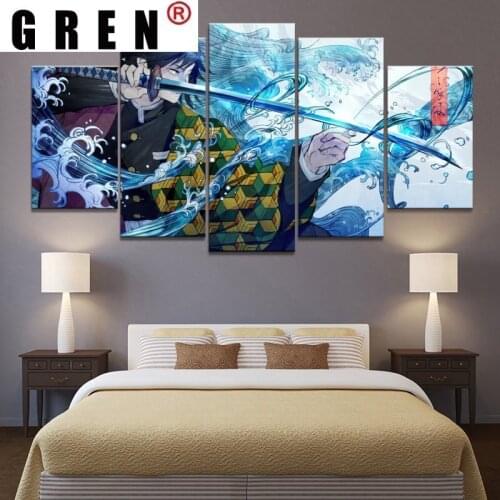 GREN Geat Wall Art Home Decor Modular Canvas HD Paintings Living Room Decoration 5 Panel Anime Demon Slayer Pictures Poster
