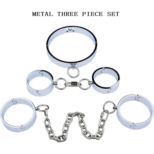 New Adult Games Metal Restraints Bdsm Bondage Neck Collar Hand Ankle Cuffs Chains Sex Toys For Couples Handcuffs Iron Sex Set