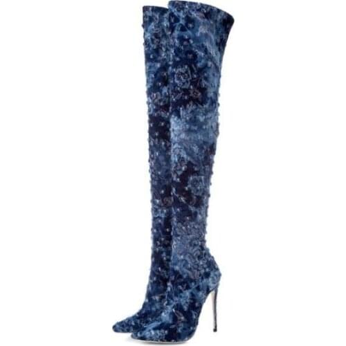 New Fashion Woman Blue Jeans Small Holes Slim Over The Knee Boots Pointed Toe Sexy Stiletto Heels Thin Leg Thigh Long Boots