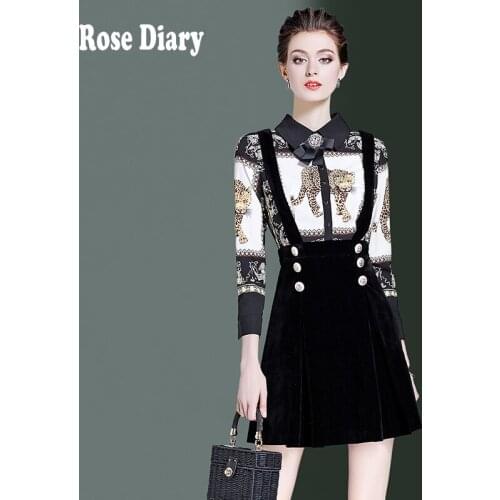 RoseDiary Autumn Winter Vintage Leopard Shirt Women Fashion Style Literary Girlish Girl Suspender Skirt Two-piece suit