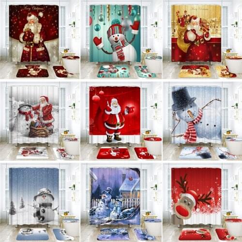 Snowman Santa Father Elk 3D Pattern Waterproof Shower Curtains Toilet Cover Mat Non-Slip Rugs Set Bathroom Chirstmas Decoration