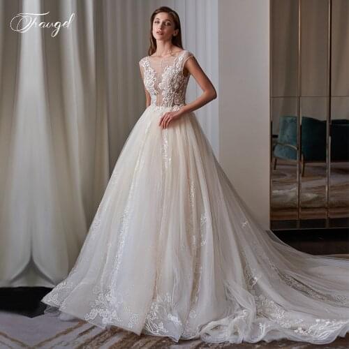 Traugel Sexy Backless Appliques Lace Vintage Wedding Dresses Luxury Shiny Beading Cap Sleeve Chapel Train A Line Bridal Gown