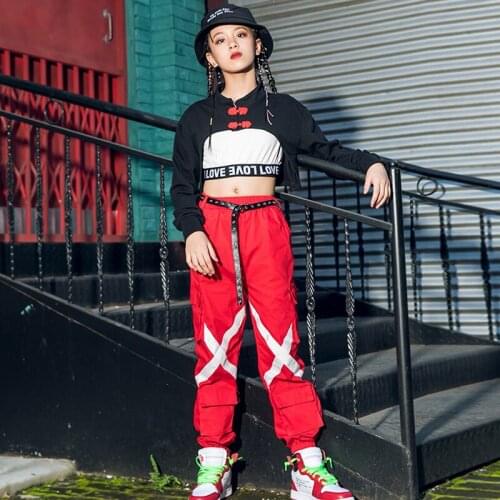 Girls Chinese Style Hip Hop Dance Costumes For Kids Black Top Red Pants Rave Clothes Jazz Street Dance Wear Festival Wear DN6790