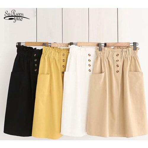 2021 Summer Autumn Women Skirts Vintage Elastic Waist Korean Loose A Line Cotton Midi Skirt Casual Solid New Skirt Faldas 9905