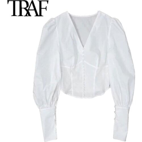 TRAF Women Fashion With Buttons Cropped Fitted Blouses Vintage Long Sleeve Side Zipper Female Shirts Blusas Chic Tops