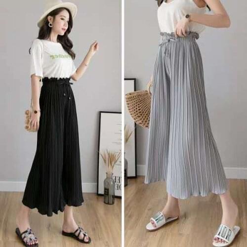 Women Pants Ruffled High Waist Chiffon Pleated Womens Loose Cropped Casual Culotte Pantalones De Mujer