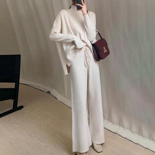 Loose Three Piece Set Women Round Collar Long Sleeve Top Turtleneck Sleeveless Vest High Waist Trouser Solid Suit Female X650