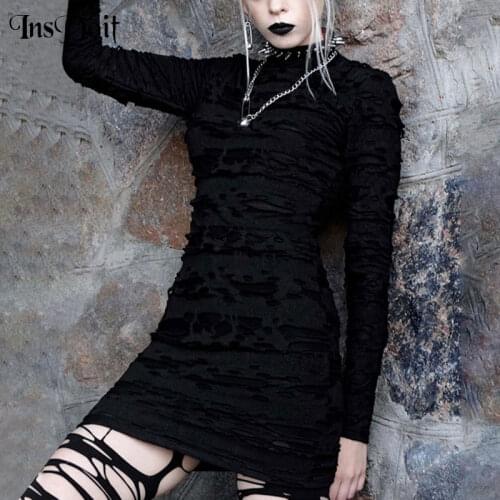 InsDoit Punk Gothic Hollow Out Black Dress Harajuku Grunge Turtleneck Long Sleeve Dress Women Autumn Streetwear High Waist Dress