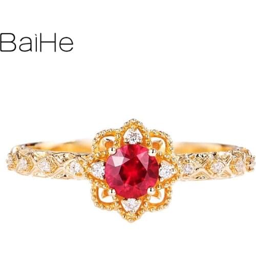 BAIHE Solid 14K Yellow Gold 0.26ct Round Natural Ruby 0.05ct Diamonds Women Wedding Fine Jewelry flower Exquisite Ruby Ring