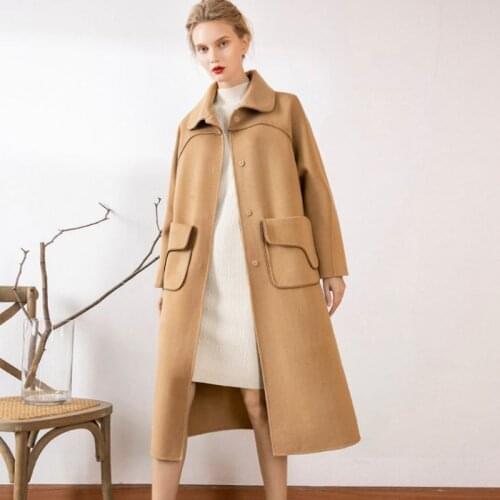 Winter New style Overcoat Female big pocket woolen Jacket Women Warm Fashion camel Outerwear American Long Ladies Medium Coats