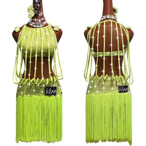 2019 Latin Dance Dress For Women Neon Green Rhinestone Strip Falda Flecos Fringe Dress Stage Competition Latin Dresses VDB153