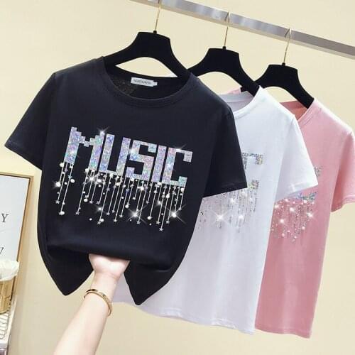 2021 Summer T shirt Women Beading Tee Shirt Femme Casual Harajuku T-shirt Short Sleeve Cotton White Black Pink Tshirt Tops