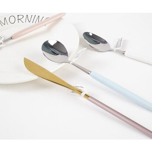 4PCS Dinnerware Set Ceramic Handle Stainless Steel Knife Fork Round and Sharp Head Spoon Cutlery Set Tableware Flatware Set