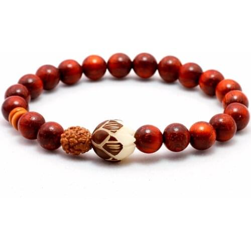 Natural Red Sanders Wood Beads White Rudraksha Bodhi Lotus Flower Beads Bracelet For Women Buddha Yoga Meditation Jewelry