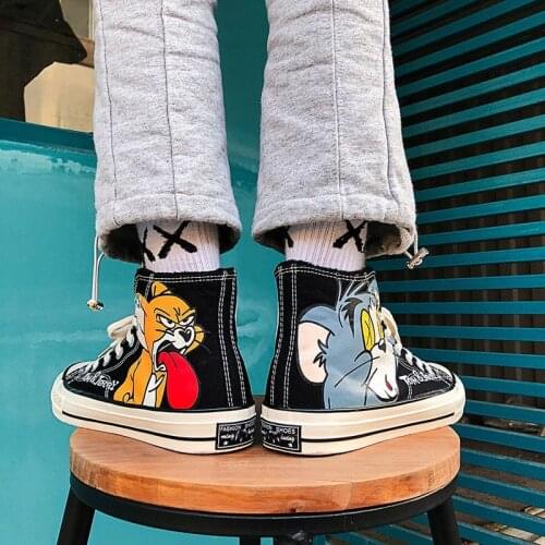 Japanese Harajuku Cat Anime Print High-top Canvas Shoes Mens Korean Casual Couple Shoes Mens Vulcanized Shoes Sneakers