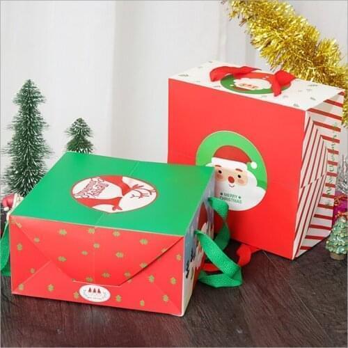 Christmas Cake Box Cartoon Santa Claus Packaging Party Favor Square Dessert Bags Xmas Decorations Gift Boxes With Handle Red Gre