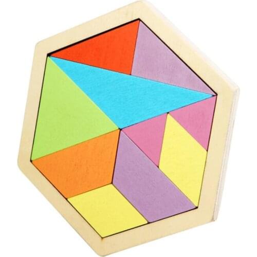 Colorful Tangram Wooden Puzzle Jigsaw Hexagon IQ Game Brain Teaser Intelligent Educational DIY Crafts for Kids Childrens Gift
