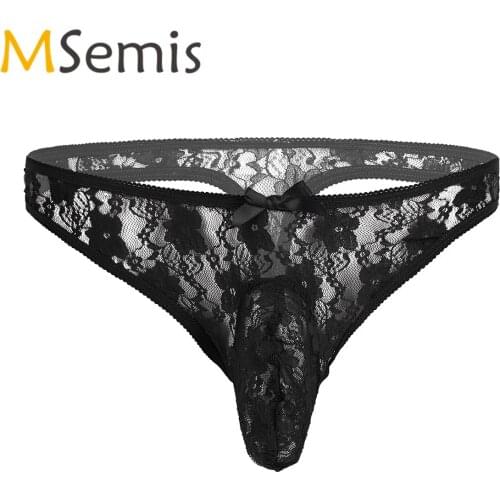 Swimwear Mens Lingerie Underwear Floral Lace Bikini Briefs Thong Underwear with Closed Penis Sheath Thong Panties