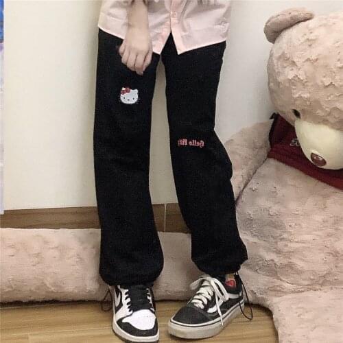 Cute Black Cartoon Pants Fashion Girl Harajuku Amine Pants Harajuku Casual Funny Straight Summer Black Kawaii High Street Pants