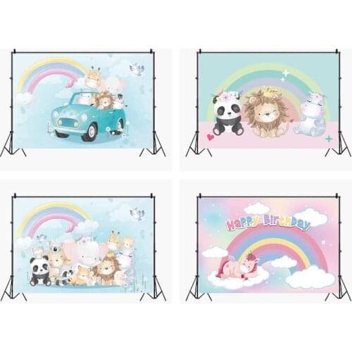 Cartoon Animals Driving Car Rainbow Sky Kids Birthday Party Backdrop Newborn Baby Shower Photo Background Table Room Decor