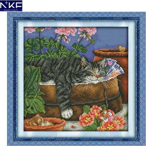 NKF Sleeping Cat Animal Cross Stitch Set Handmade Craft Needlework Cross-Stitch Embroidery Kit Cross Stitch for Home Decor