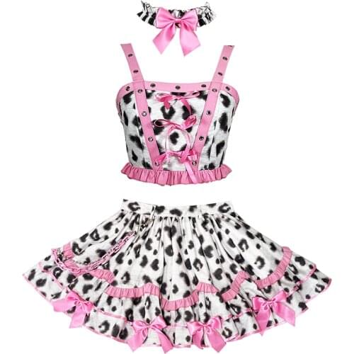 New Summer Japanese Harajuku Girls Leopard Chain High Waist Bow Skirts Sweet Lolita Mini Skirts Kawaii Hot Girl Sling Suit