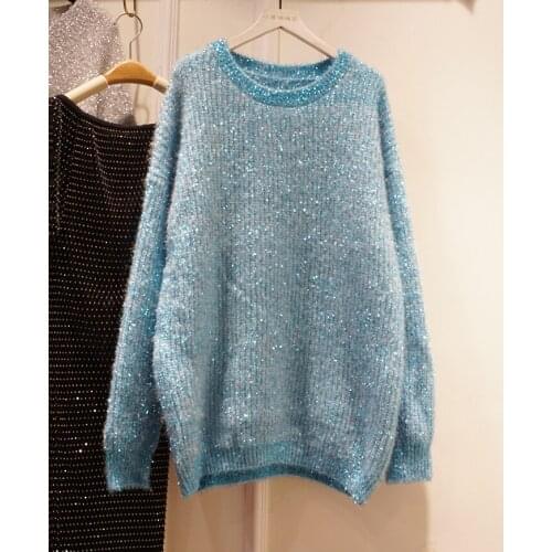 2020 Autumn winter new design womens o-neck long sleeve loose palazzo mohair wool knitted lurex shinny sweater pullover tops