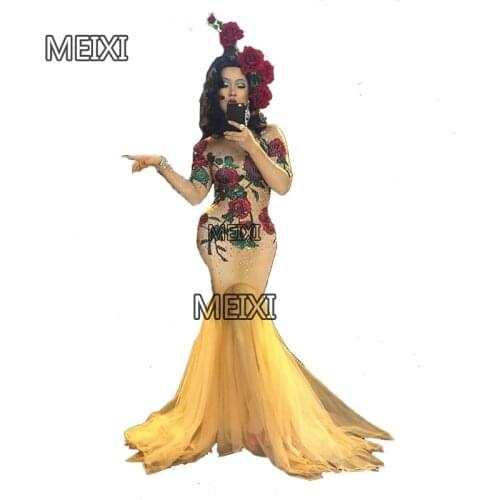 Sexy red rose crystal rhinestone elastic costume bar nightclub concert singer dancer costume