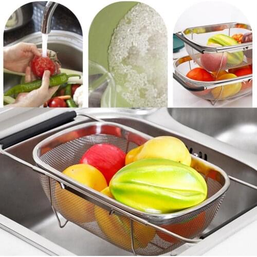 Stainless Steel Strainer Mesh Micro-Perforated Colander Draining Washing Rinsing for Fruits Vegetables Retractable Dishes Washer