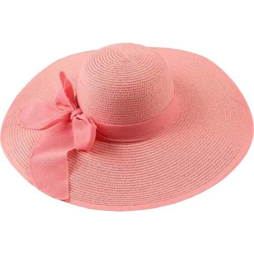 Female Hat summer wide brim straw hat foldable summer beach hat sun protection black piping big ladies sun hat with bowknot