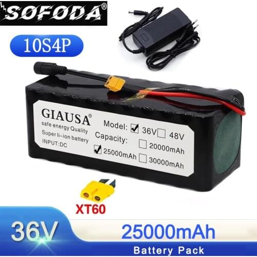 SOFODA 36V 25AH Electric Bike Battery Built in 20A BMS 36V 10S4P Lithium Battery Pack with 42V 2A Charge Ebike Battery with XT60
