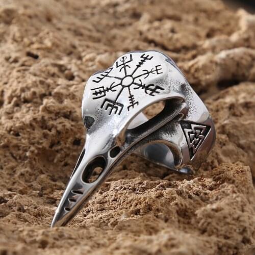 Vintage Odin Crow Skull Aegishjalmur Ring Gothic Stainless Steel Valknut Ring Man Viking Accessories Awe Helm Ring Amulet