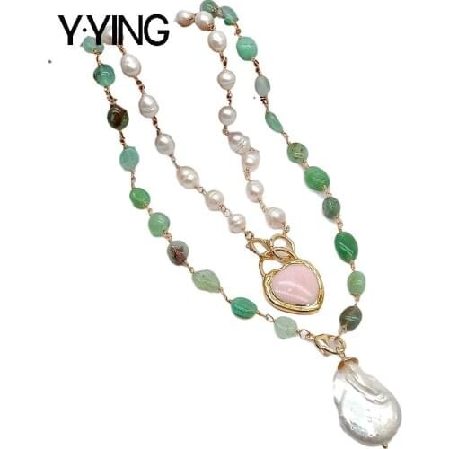 Y·YING Freshwater White Pearl Green Chrysoprase Pink Queen Conch Heart Pearl Charm Necklace 19"