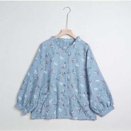 Japanese Female Blouse Flower Lantern Long Sleeve Cotton Linen Coat Black Fungus Collar Button Printing Art Jacket Women