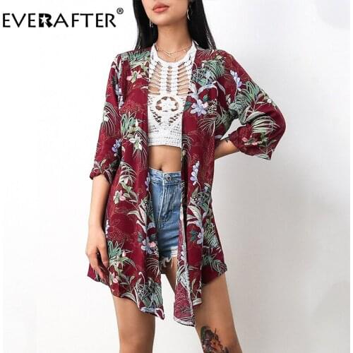 EVERAFTER Beach Cover Up Vintage Chiffon Blouse Women Floral Print Loose Tops Summer Casual Holiday Blouses Blusas Feminina 2020