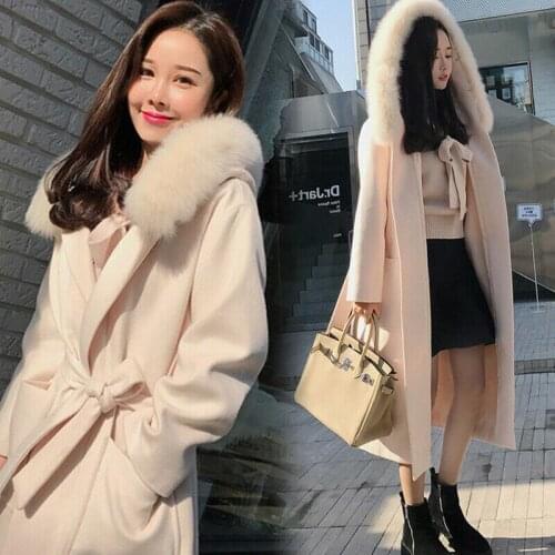 Womens Cashmere Fur Collar Slim Belt Coat Long Wool Jacket Parka Hooded