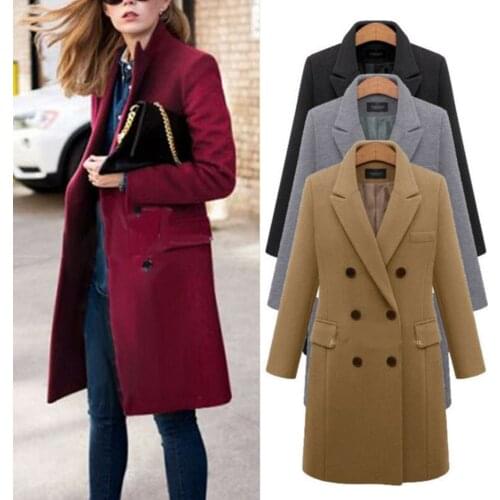 Plus Size Autumn Winter Wool Blends Coat Women Lapel Collar Double Breasted Coats Solid Slim Ladies Woolen Overcoat Outwear