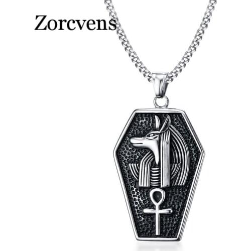 ZORCVENS Stainless Steel Mystical Egypt Coffin Amulet Anubis Ankh Pendant Necklace Vintage Collares Collier Men Jewelry