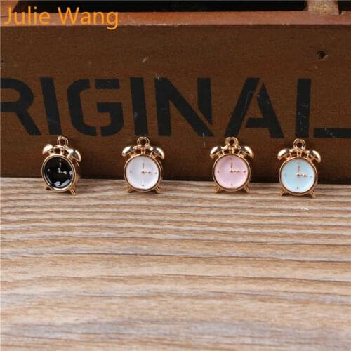 Julie Wang 5PCS Enamel Alarm Clock Charm Alloy Small Vintage Clock Gold Tone Drop Oil Necklace Bracelet Accessory Jewelry Making
