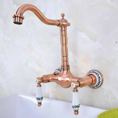 Antique Red Copper Brass Bathroom Kitchen Sink Faucet Mixer Tap Swivel Spout Wall Mounted Dual Ceramic Flower Levers Base mnf954
