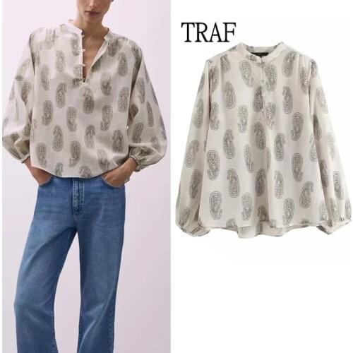 TRAF Za 2021 Fashion Paisley Woman Blouses Spring Loose Long Sleeve Top Women Clothing Elegant Women Shirts Vintage Tops Chic