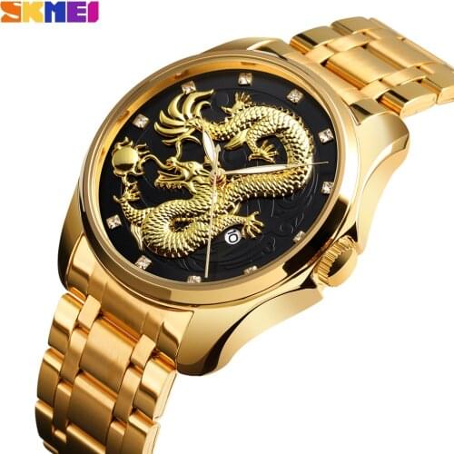 SKMEI Top Brand Luxury Golden Dragon Quartz Men Watch Waterproof Stainless Steel Wrist watches Male Clock Relogio Masculino