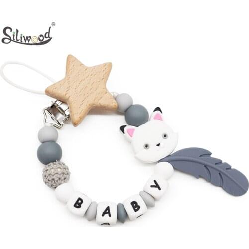 Baby Pacifier Clips Personalized Name Dummy Holder Baby Teething Nipple Clip Feeding Soother Chain Toys BPA Free Funny Fox Chain