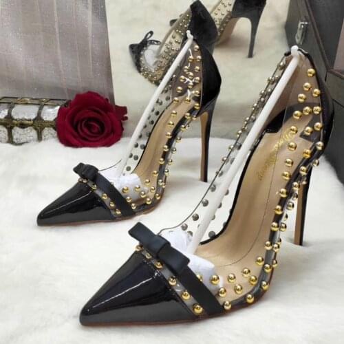 Designer pumps black Transparent studded spikes pointy toe stiletto heels shoes pumps high heels for women 12cm 10cm