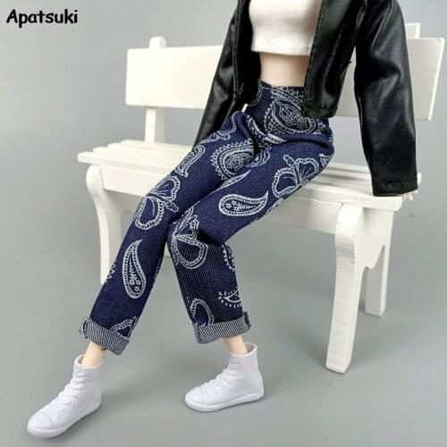 Flower Print Blue Jeans Pants Casual Wears For Barbie Dolls Clothes Trousers For Barbie 1/6 BJD Dollhouse Accessories Kids Toys