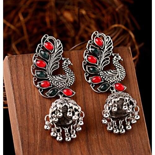 Ethnic Silver Color Peacock Earrings For Women Indian Jewelry Vintage Corful Beads Tribe Bells Tassel Jhumka Earrings