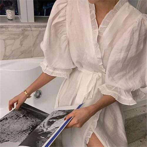 Cotton Solid Color Night-robe Lace Trim White Nightdress Sweet Retro Home Cloth Elegant Women Pajamas Ladies Nightgown New Korea
